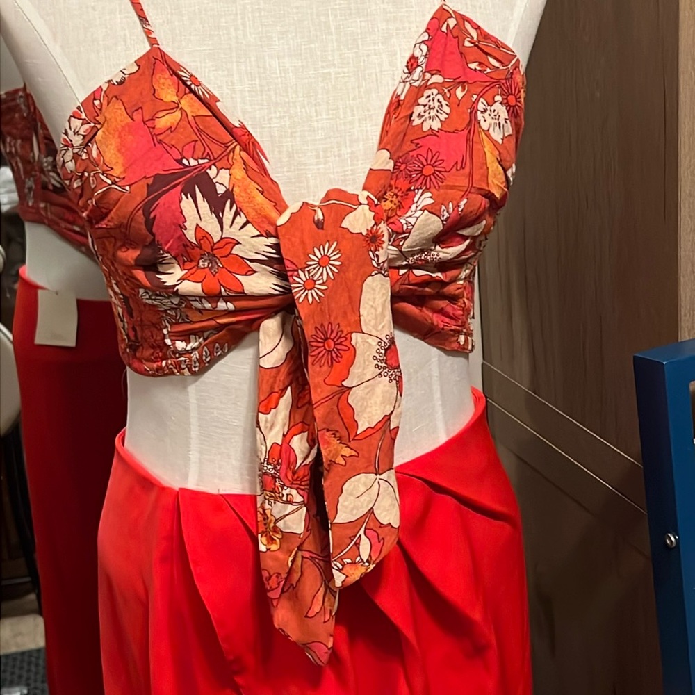 Free people bandeau tie top and slit skirt! Perfect for Vacay! Orange, so hot!